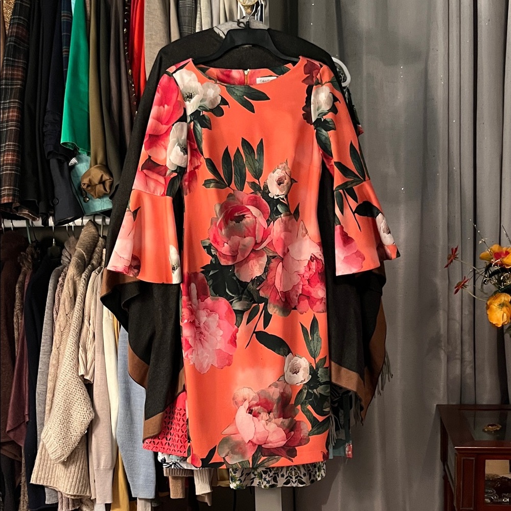 Orange Floral Bell Sleeve Sheath Dress. Calvin Klein size 4